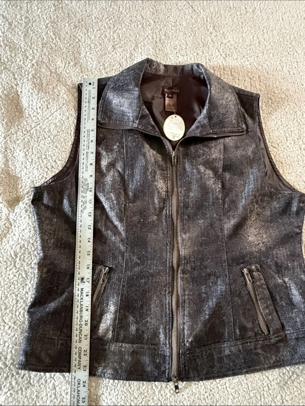 Multiples Metallic Charcoal Zip-Front Vest Size Xl